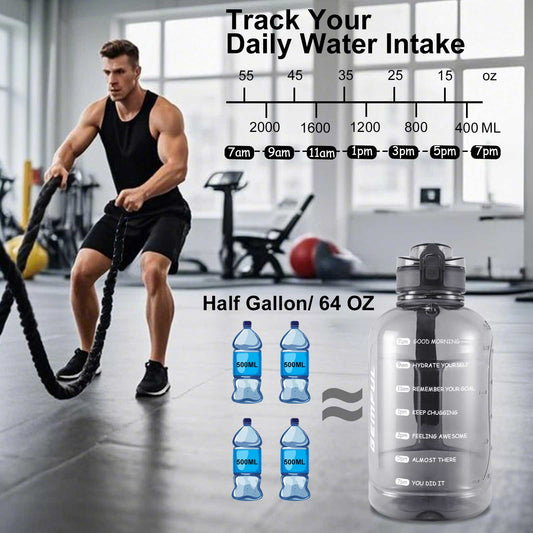 GEMFUL 2 Liter Water Bottle with Time Marker & Handle 64oz Large Motivational Jug for Gym Workouts No Straw Leak Proof BPA Free
