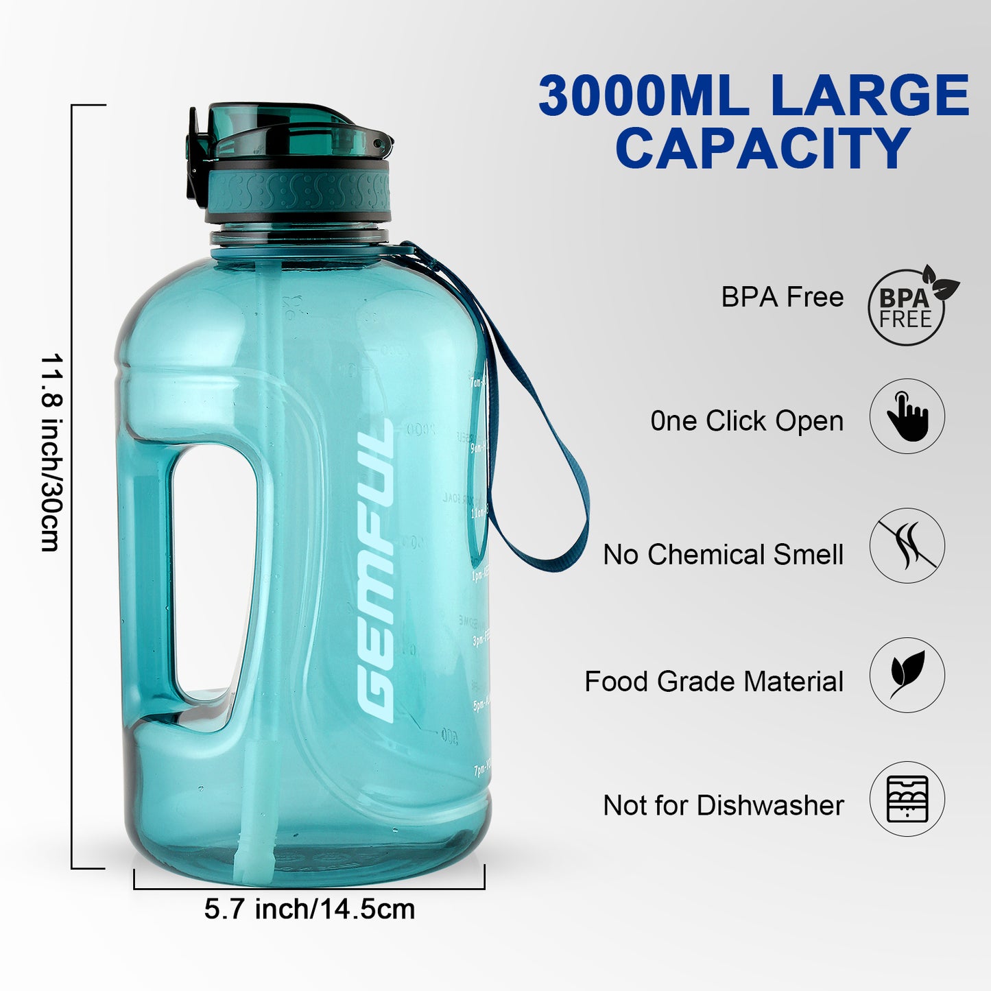 GEMFUL 3 Liter Water Bottle with Straw 101oz BPA-Free Leakproof Time Marker Handle for Gym Sports Large Motivational Jug for Men Women