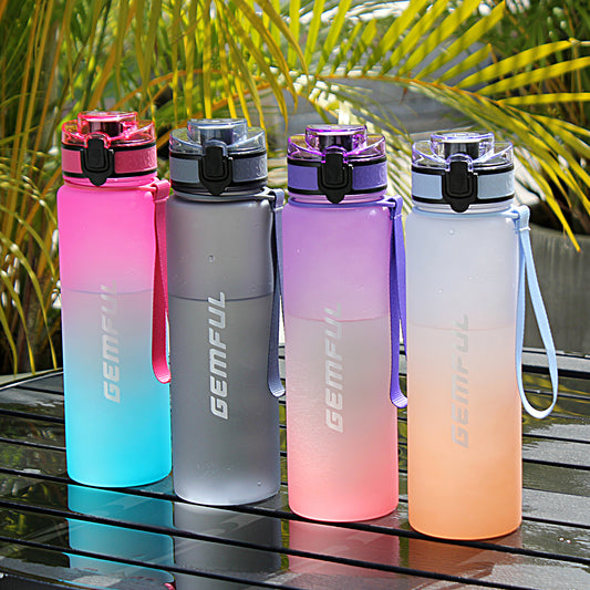GEMFUL Water Bottle 1L with Straw Time Marker Tritan BPA Free for Fitness Gym Outdoor Sports
