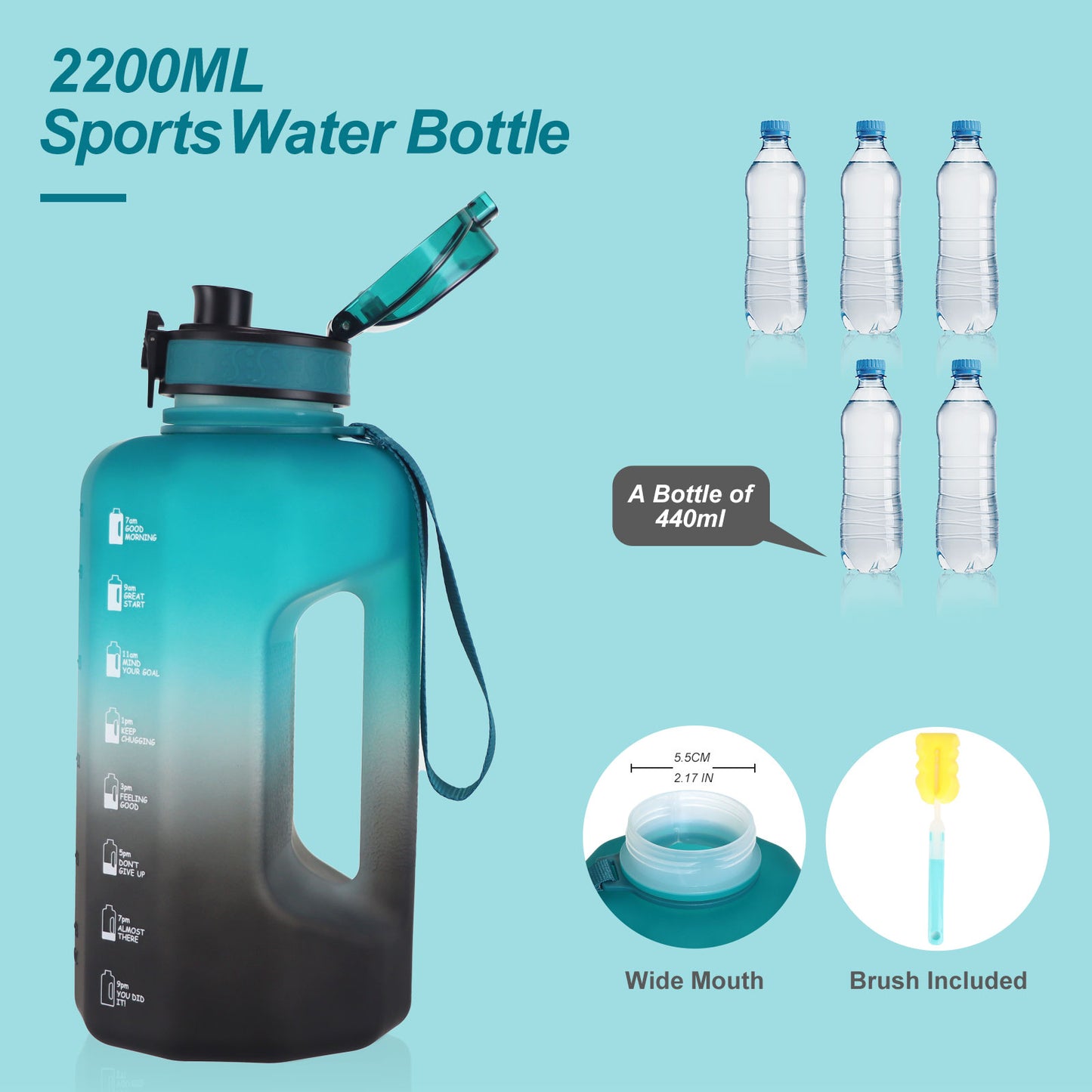 GEMFUL Half Gallon Water Bottle with Time Marker 74oz BPA-Free Leakproof Jug for Gym Workout 2.2L Large Capacity