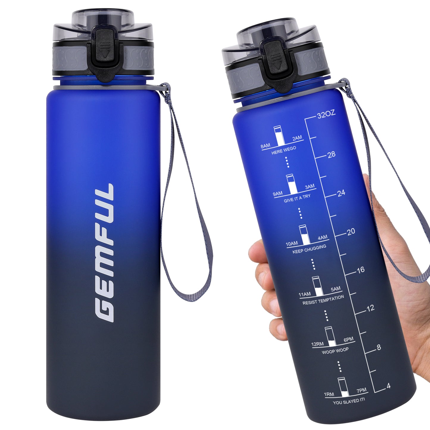 GEMFUL Water Bottle 1L with Straw Time Marker Tritan BPA Free for Fitness Gym Outdoor Sports