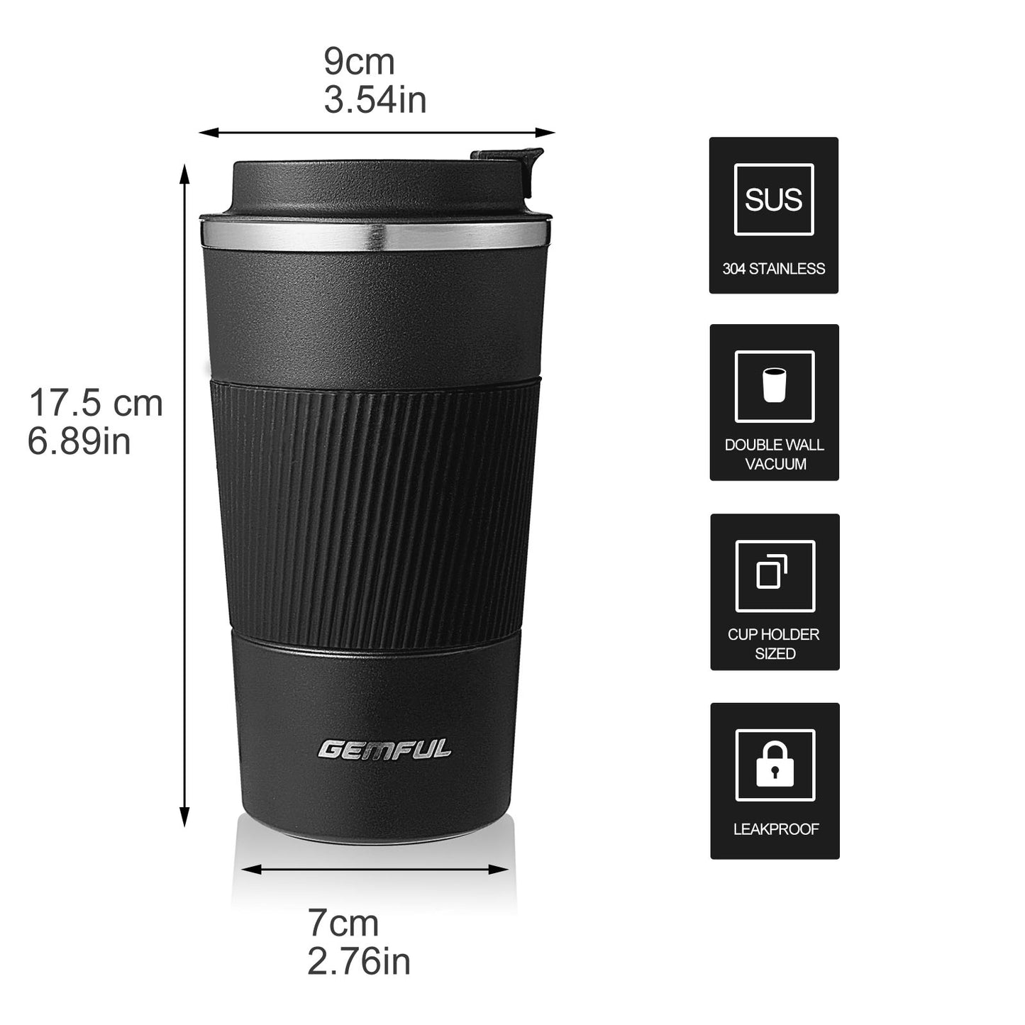 GEMFUL 510ml To Go Travel Coffee Mug Insulated Coffee Tumbler with Lid Portable Stainless Steel BPA Free Leak proof Keep Cups for Women Hot Cold Drinks