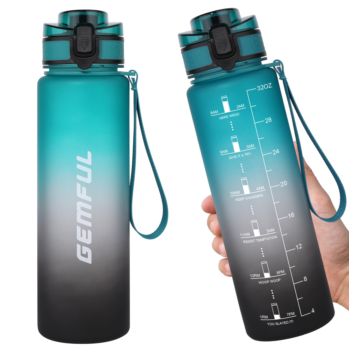 GEMFUL Water Bottle 1L with Straw Time Marker Tritan BPA Free for Fitness Gym Outdoor Sports