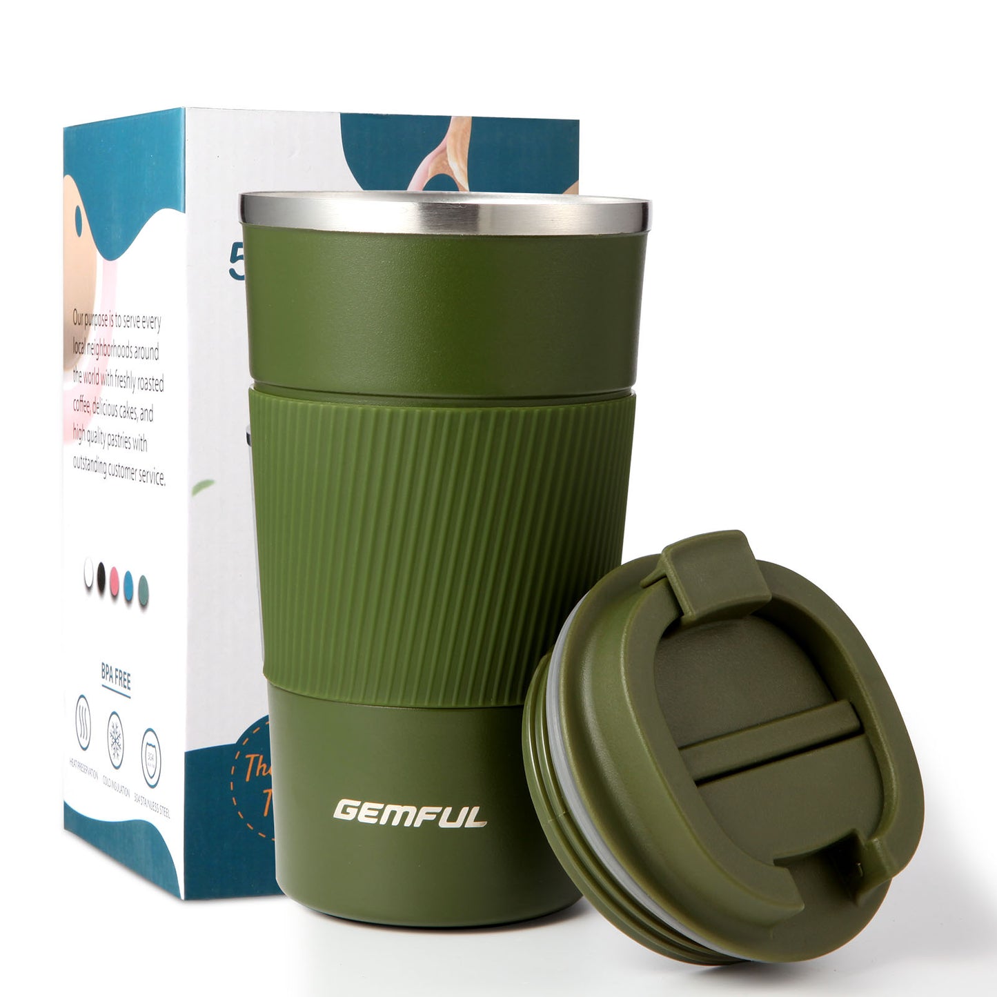 GEMFUL 510ml To Go Travel Coffee Mug Insulated Coffee Tumbler with Lid Portable Stainless Steel BPA Free Leak proof Keep Cups for Women Hot Cold Drinks