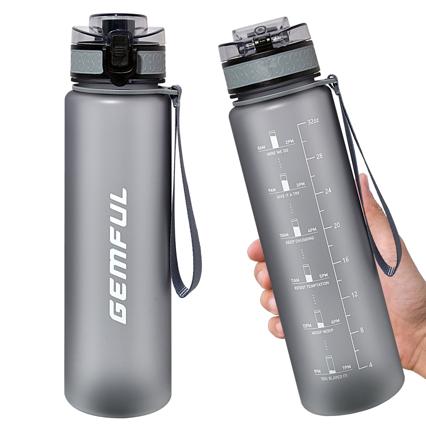 GEMFUL Water Bottle 1L with Straw Time Marker Tritan BPA Free for Fitness Gym Outdoor Sports