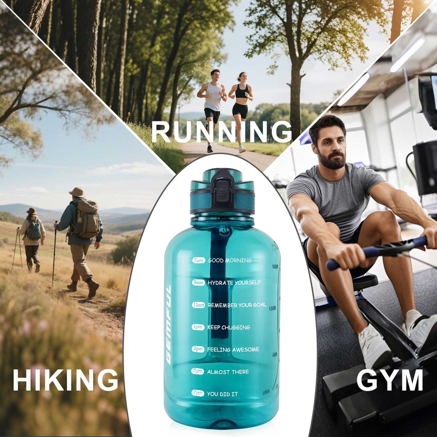 GEMFUL 2 Liter Water Bottle with Time Marker & Handle 64oz Large Motivational Jug for Gym Workouts No Straw Leak Proof BPA Free