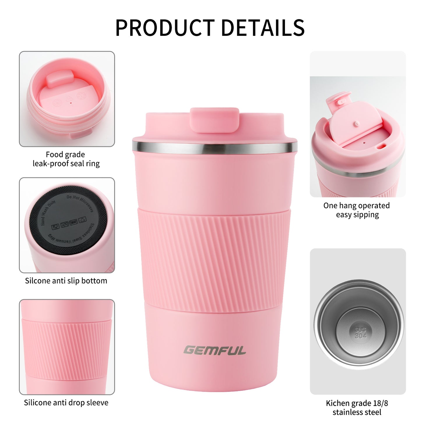 GEMFUL Travel Coffee Mug Stainless Steel Vacuum Ice and Hot Drinks Insulated Tumbler 380ml for Home Office Outdoor Works