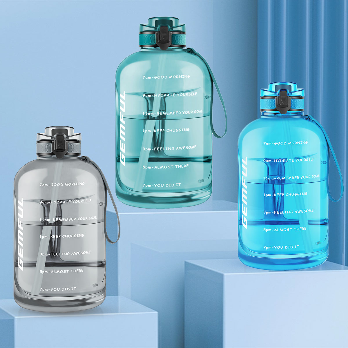 GEMFUL 3 Liter Water Bottle with Straw 101oz BPA-Free Leakproof Time Marker Handle for Gym Sports Large Motivational Jug for Men Women