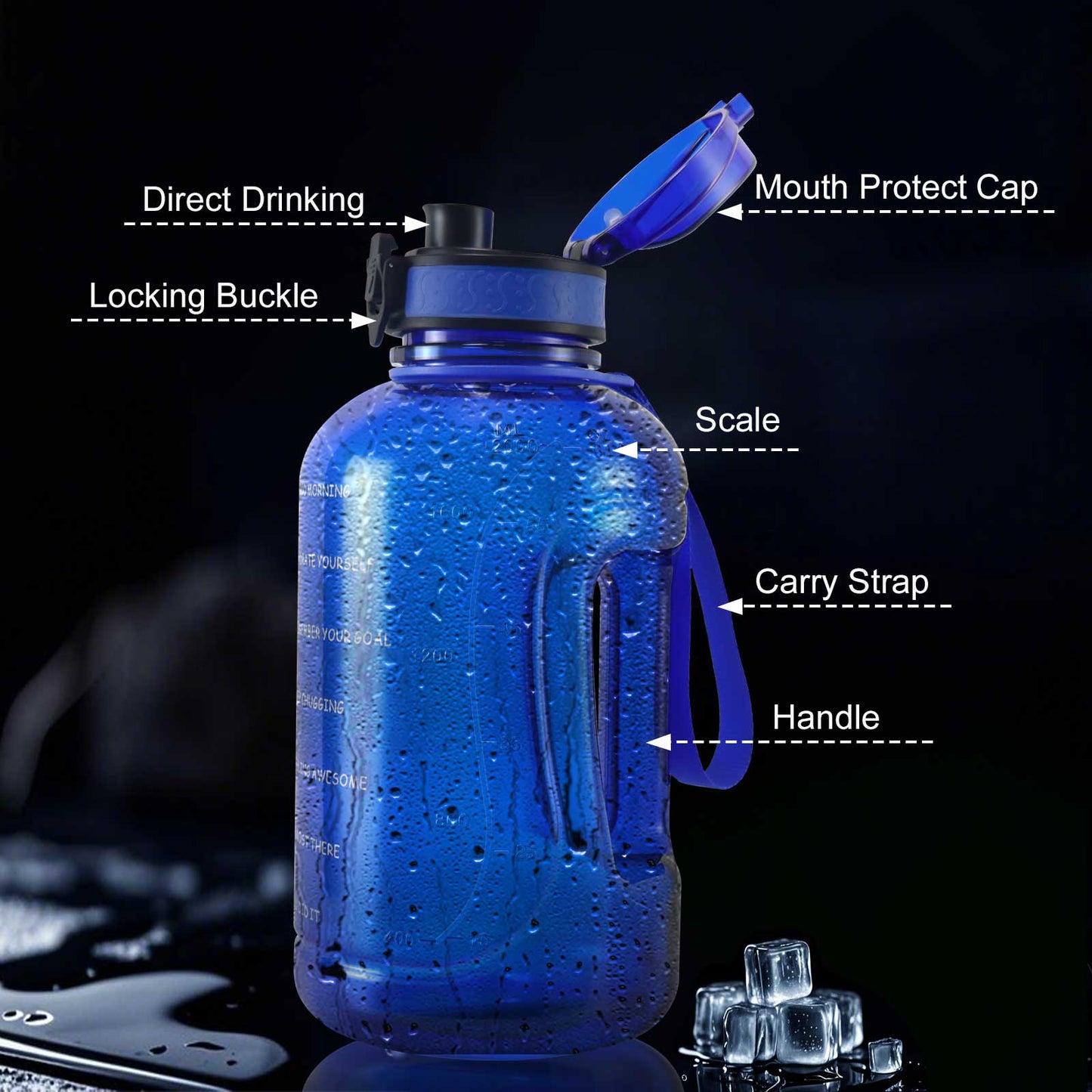 GEMFUL 2 Liter Water Bottle with Time Marker & Handle 64oz Large Motivational Jug for Gym Workouts No Straw Leak Proof BPA Free