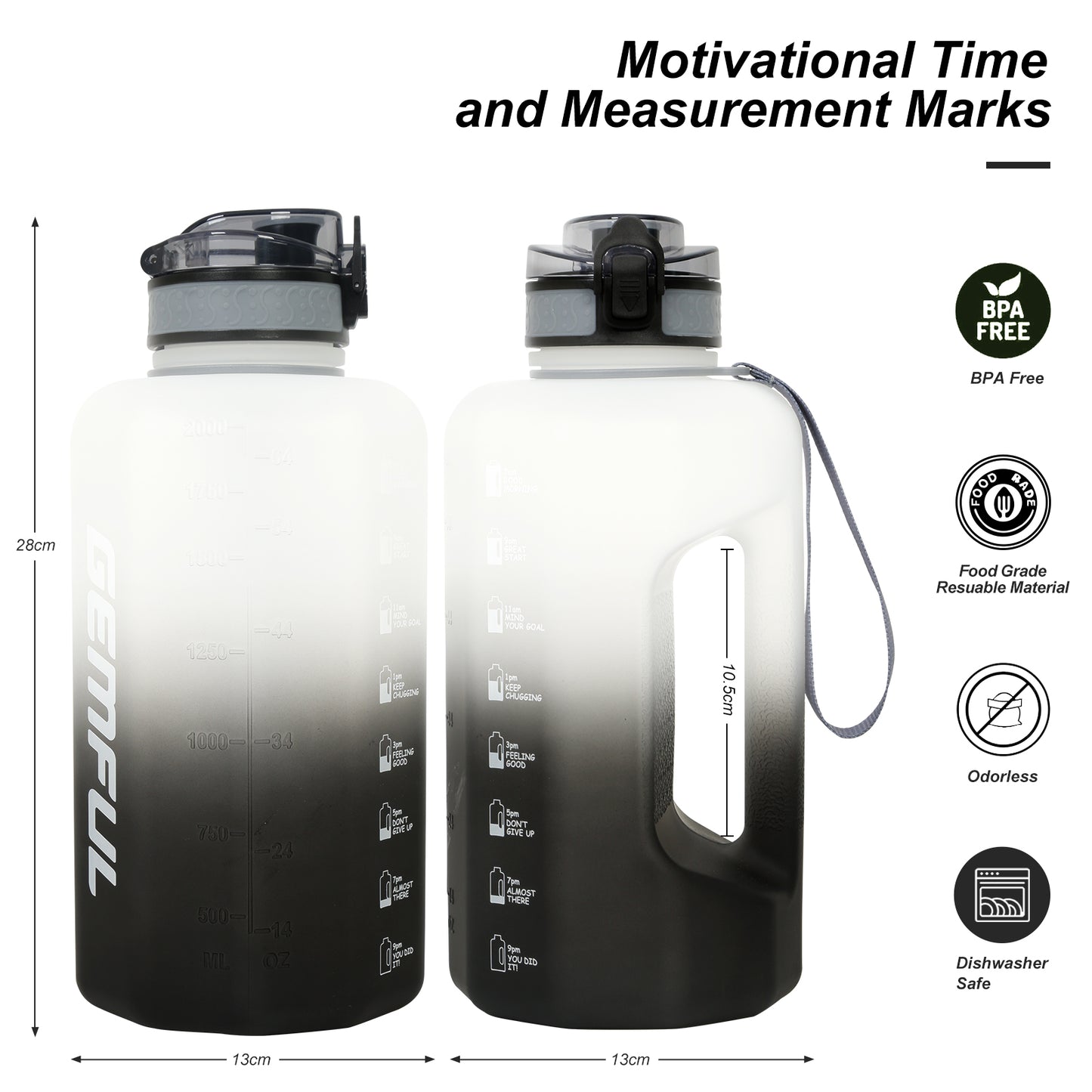 GEMFUL Half Gallon Water Bottle with Time Marker 74oz BPA-Free Leakproof Jug for Gym Workout 2.2L Large Capacity