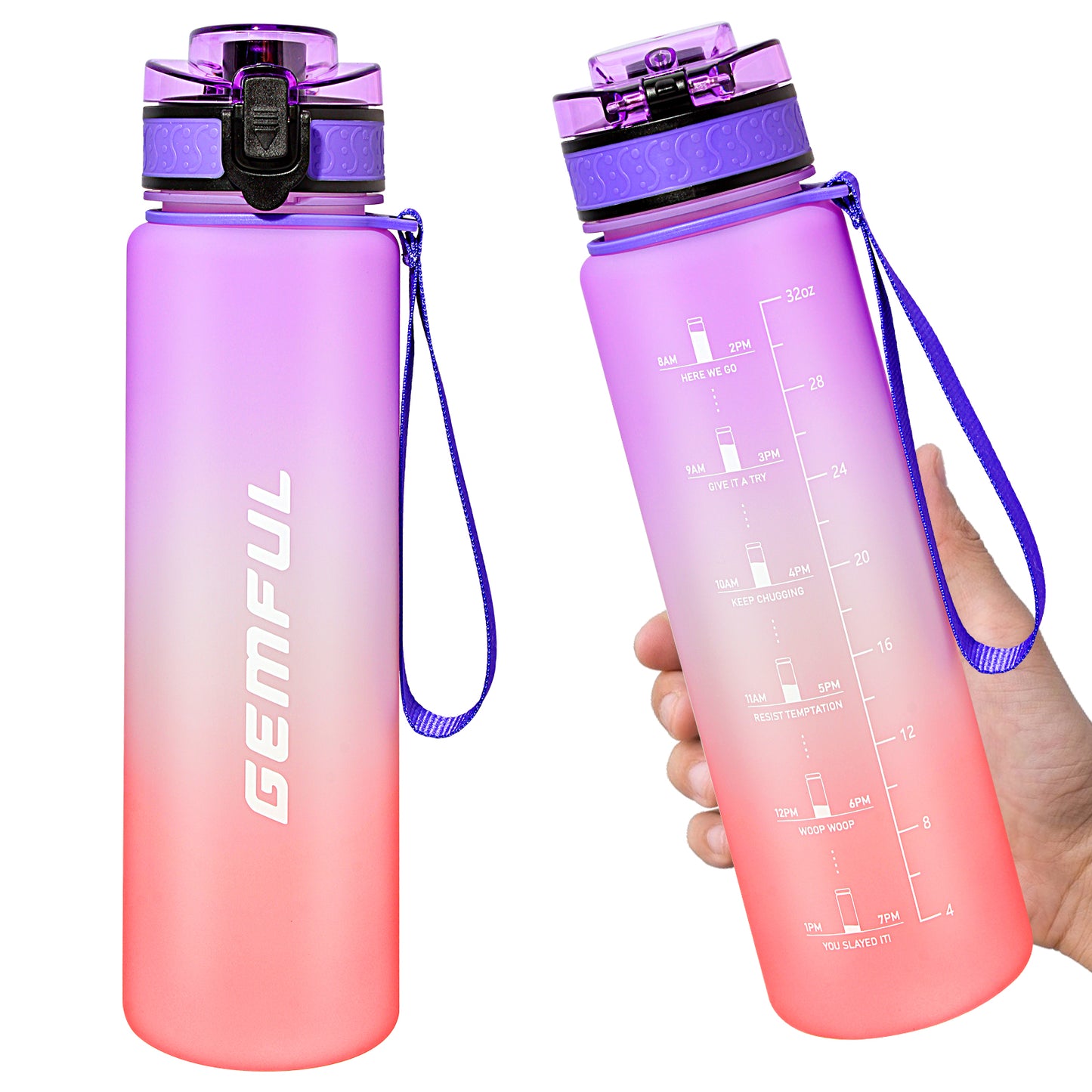 GEMFUL Water Bottle 1L with Straw Time Marker Tritan BPA Free for Fitness Gym Outdoor Sports