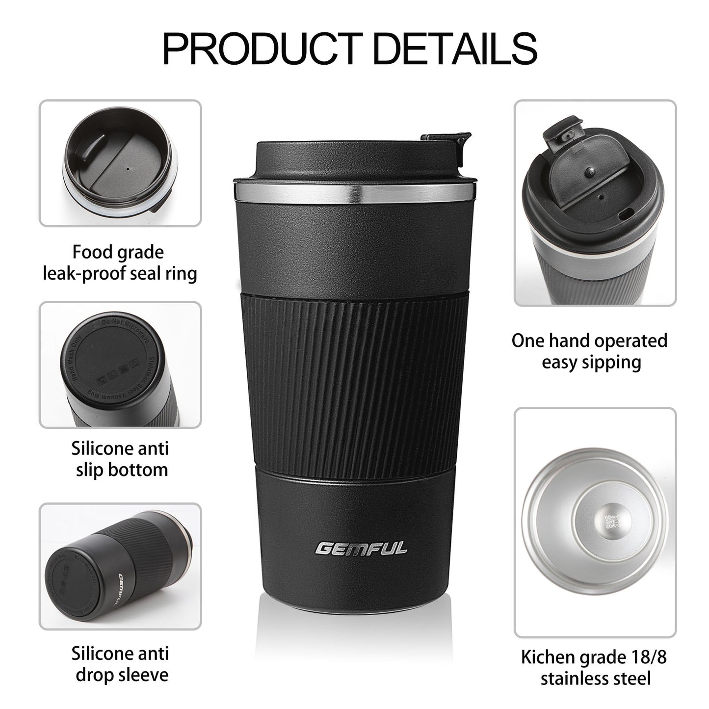 GEMFUL 510ml To Go Travel Coffee Mug Insulated Coffee Tumbler with Lid Portable Stainless Steel BPA Free Leak proof Keep Cups for Women Hot Cold Drinks