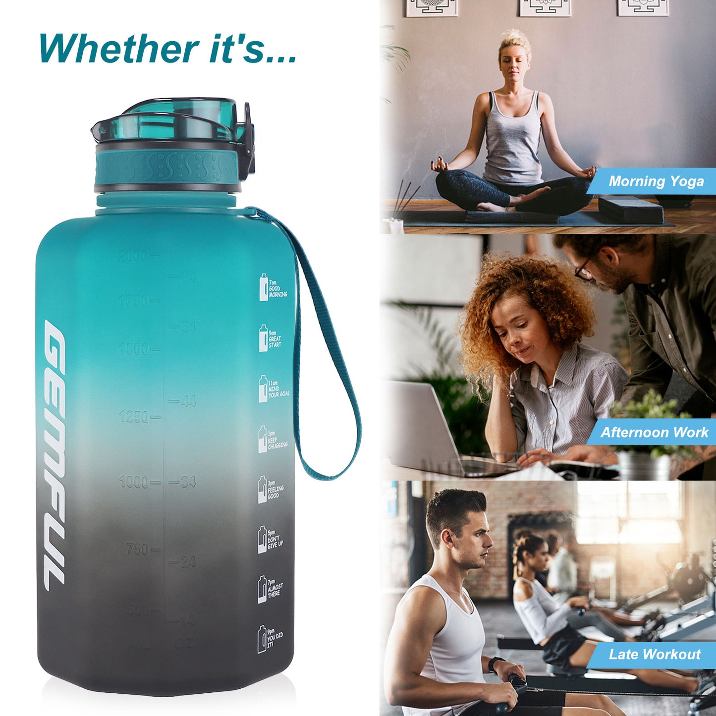 GEMFUL Half Gallon Water Bottle with Time Marker 74oz BPA-Free Leakproof Jug for Gym Workout 2.2L Large Capacity
