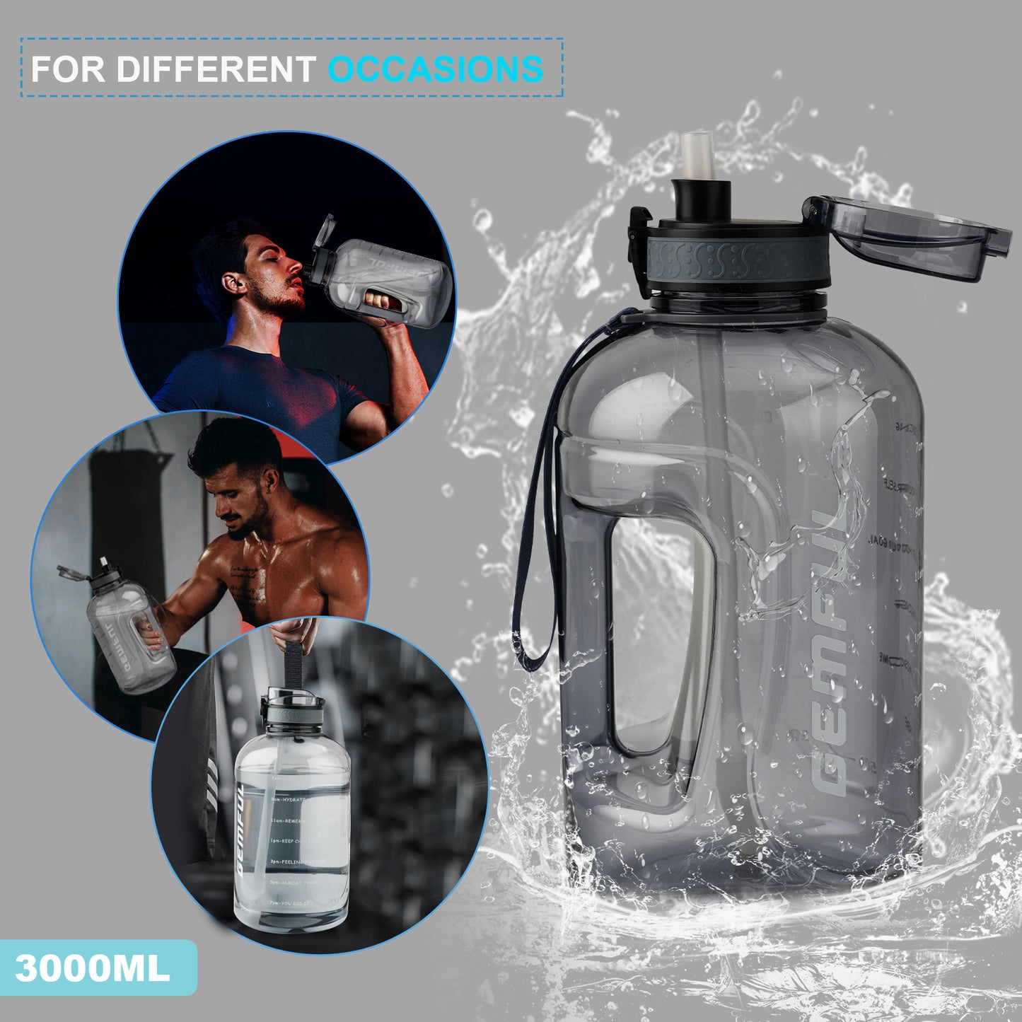 GEMFUL 3 Liter Water Bottle with Straw 101oz BPA-Free Leakproof Time Marker Handle for Gym Sports Large Motivational Jug for Men Women